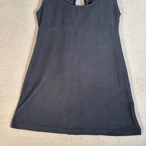 FP Beach Black Ribbed Mini Dress Size L Button Front Cutout Tie Neck Free People - Picture 8 of 12